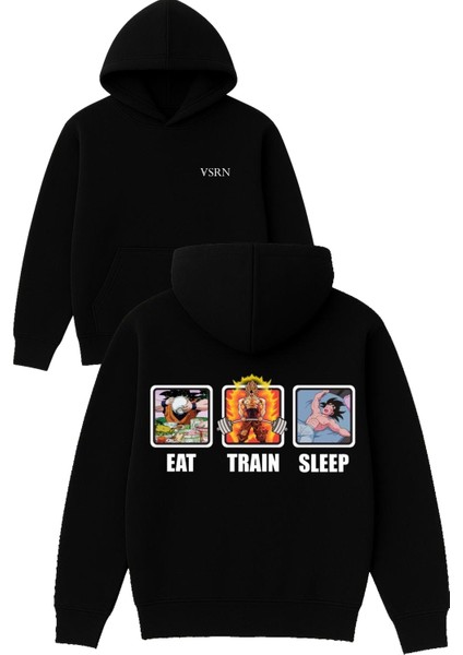 Eat Traın Sleep Tasarım Baskılı Oversize Siyah Kapüşonlu Sweatshirt