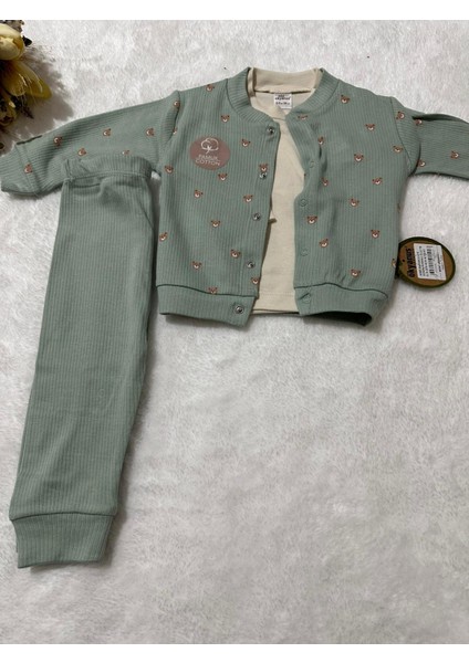 Tuembaby %100 Pamuk Ayıcık Desenli Hırka+ Uzun Kollu Body+Lastikli Tayt Unisex Bebek Takımı fırsatları