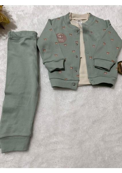Tuembaby %100 Pamuk Ayıcık Desenli Hırka+ Uzun Kollu Body+Lastikli Tayt Unisex Bebek Takımı indirimleri
