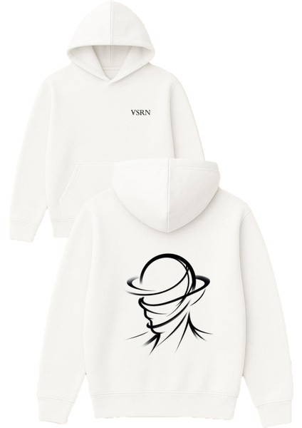 Uzaylı Kafa Tasarım Baskılı Oversize Beyaz Kapüşonlu Sweatshirt