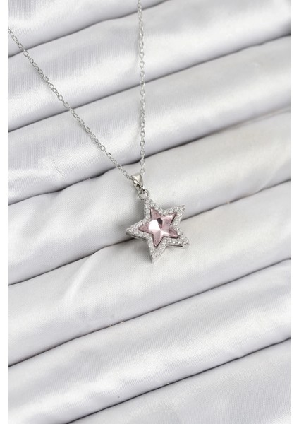 316L Çelik Zincir Gümüş Renk Pembe Taşlı Yıldız Model Kadın Kolye