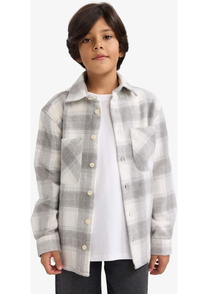 Erkek Çocuk Oversize Geniş Kalıp Polo Yaka Ekose Desenli Flanel Uzun Kollu Gömlek G3297A825WN
