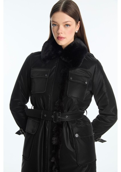 Kürk Yaka Cep Detaylı Kemerli Mont fiyatları