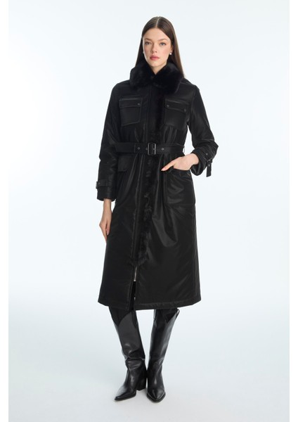 Kürk Yaka Cep Detaylı Kemerli Mont fırsatları