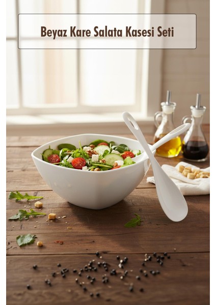 3,5 Lt Beyaz Akrilik Kare Salata ve Servis Kasesi Seti – 3 Parça