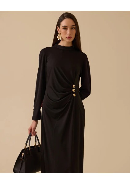 1023 Karından Büzgülü Kol Ucu Düğmeli Sandy Elbise 10002521311023