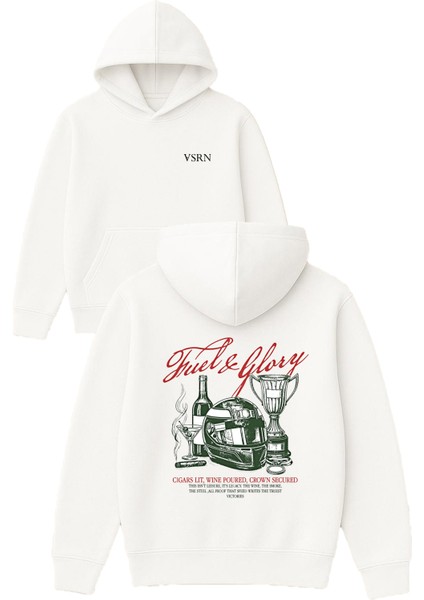Tuel ve Glory Tasarım Baskılı Oversize Beyaz Kapüşonlu Sweatshirt
