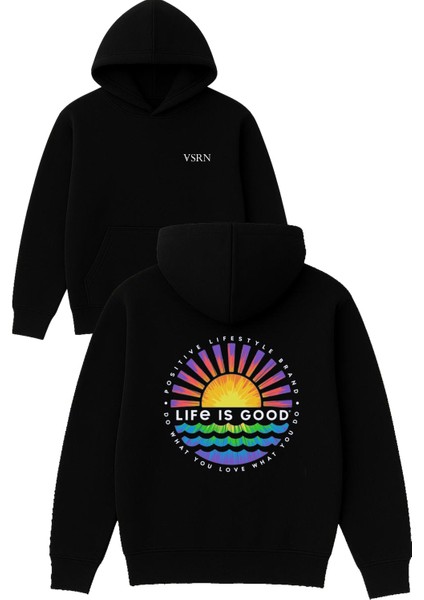 Life Is Good 1 Tasarım Baskılı Oversize Siyah Kapüşonlu Sweatshirt