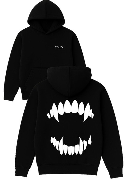 Düz Vampir Dişleri Tasarım Baskılı Oversize Siyah Kapüşonlu Sweatshirt