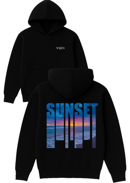 Sunset Koyu Mavi Tasarım Baskılı Oversize Siyah Kapüşonlu Sweatshirt