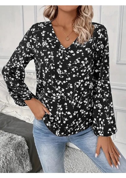 Kadın Uzun Kollu V Yakalı Çiçek Desenli Modal Bluz fırsatları
