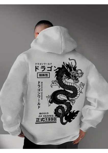 Büyük Beden Özel Tasarım Kapüşonlu Japon Ejderha Sırt Baskılı Oversize Erkek Sweatshırt