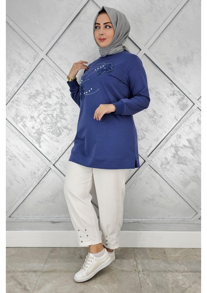 Kadın Dikme Çiçek ve Taş Detaylı Tesettür Tunik