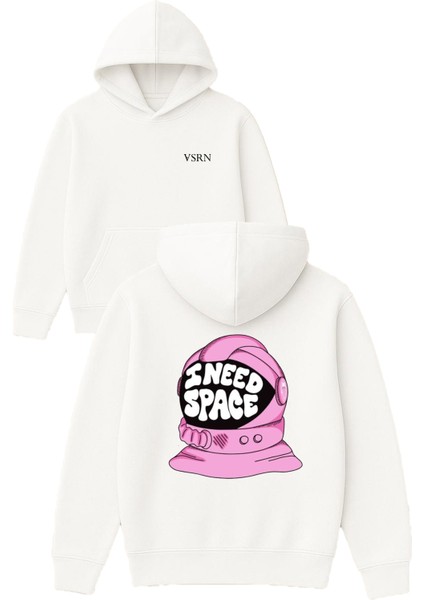 I Need Space Tasarım Baskılı Oversize Beyaz Kapüşonlu Sweatshirt