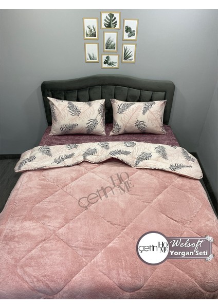 Çetinhome Çift Kişilik Desenli Welsoft Yorgan Seti Yaprak Gül Kurusu (Çarşafsız)