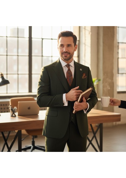 Erkek Takım Elbise, Mono Yaka, Blazer, Slımfıt, Haki Yeşil