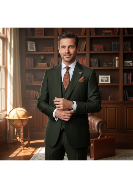 Erkek Takım Elbise, Mono Yaka, Blazer, Slımfıt, Haki Yeşil