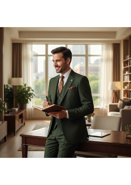 Erkek Takım Elbise, Mono Yaka, Blazer, Slımfıt, Haki Yeşil