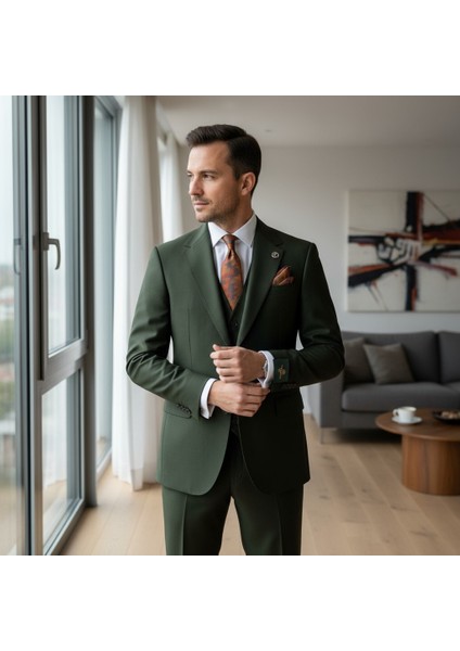 Erkek Takım Elbise, Mono Yaka, Blazer, Slımfıt, Haki Yeşil
