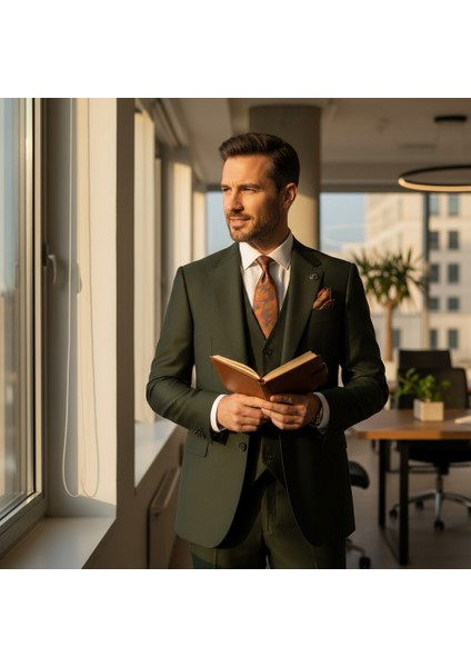 Erkek Takım Elbise, Mono Yaka, Blazer, Slımfıt, Haki Yeşil