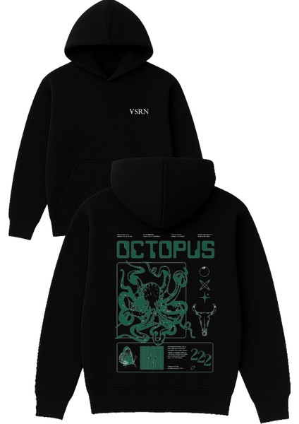 Octopus Tasarım Baskılı Oversize Siyah Kapüşonlu Sweatshirt