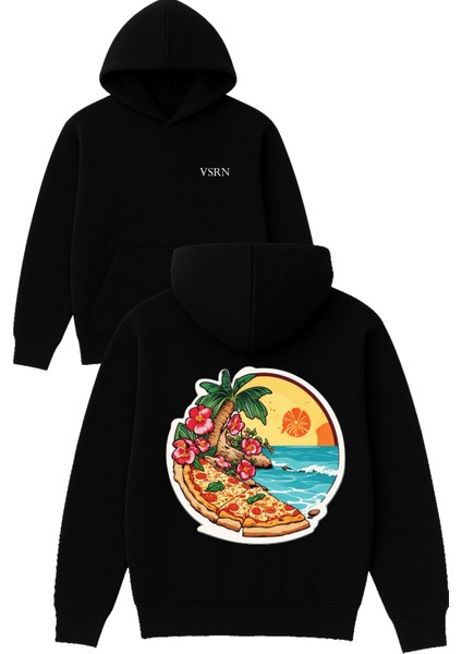 Pizza Manzara Tasarım Baskılı Oversize Siyah Kapüşonlu Sweatshirt