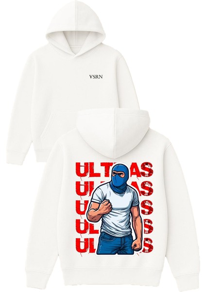 Ultras Tasarım Baskılı Oversize Beyaz Kapüşonlu Sweatshirt