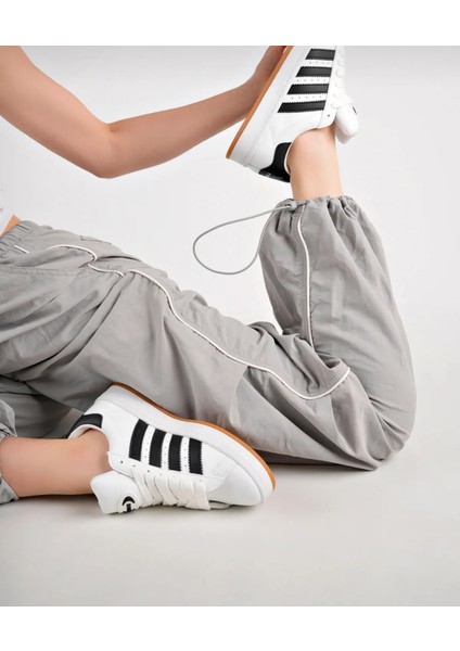 Unisex Klasik Bağcıklı Ortopedik Spor Sneaker Ayakkabı-Beyaz-Siyah