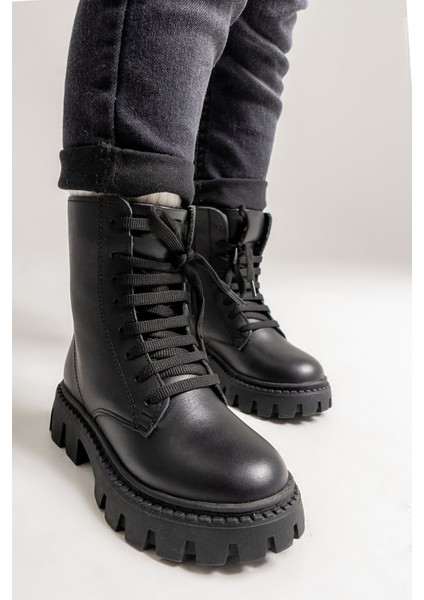 Kız Çocuk Siyah Hakiki Deri Anatomik Postal