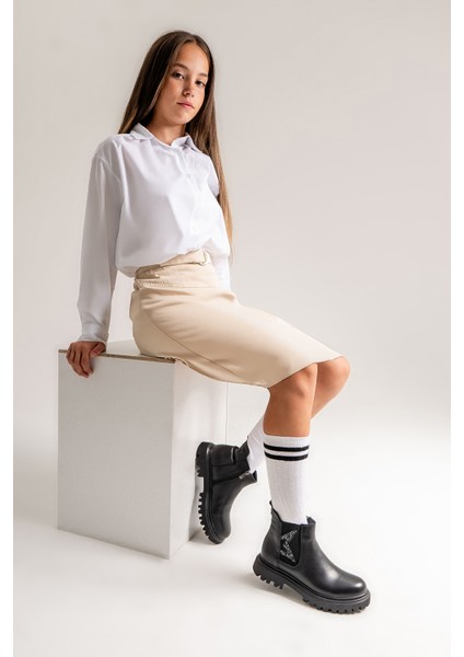 Kız Çocuk Siyah Hakiki Deri Anatomik Günlük Bot