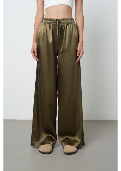 Kadın Haki Renk Düz Saten Bol Paça Beli Lastikli Pantolon