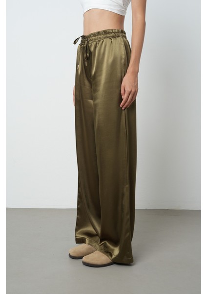 Kadın Haki Renk Düz Saten Bol Paça Beli Lastikli Pantolon fiyatları