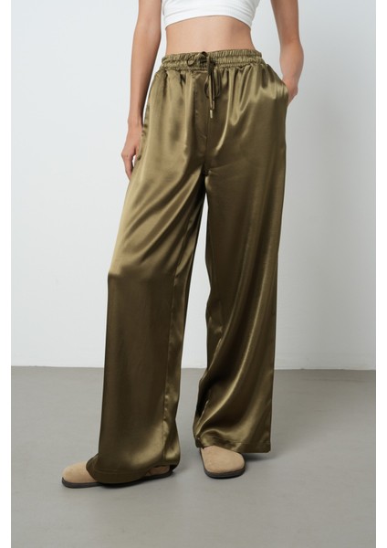 Kadın Haki Renk Düz Saten Bol Paça Beli Lastikli Pantolon modelleri