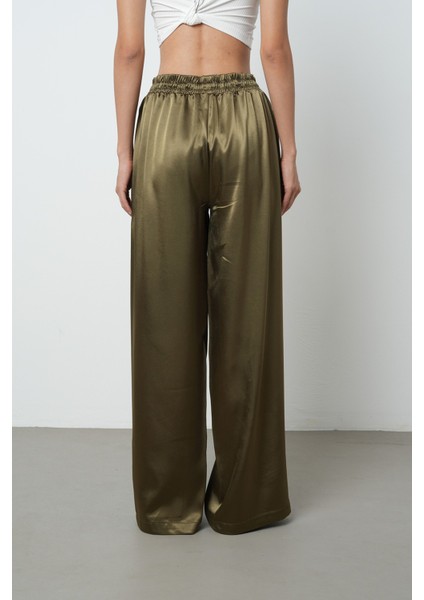 Kadın Haki Renk Düz Saten Bol Paça Beli Lastikli Pantolon indirimleri
