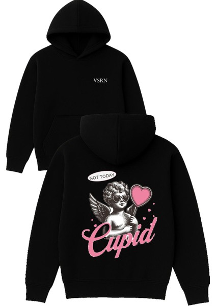 Cupid Tasarım Baskılı Oversize Siyah Kapüşonlu Sweatshirt