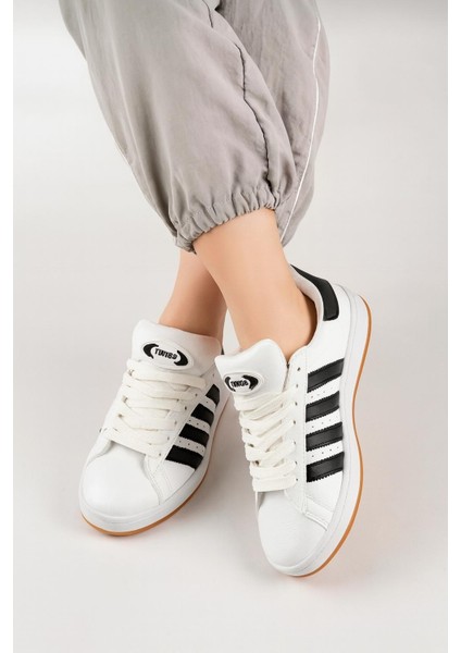 Unisex Klasik Bağcıklı Ortopedik Spor Sneaker Ayakkabı-Beyaz-Siyah