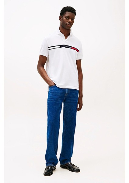 Erkek Regular Fit Göğsü Şeritli ve Yazılı Polo Yaka T-Shirt - Beyaz fiyatları