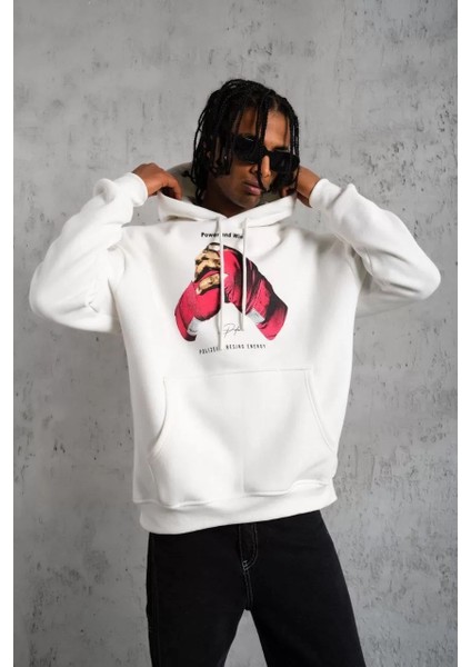 Erkek Eldiven Baskılı Kapüşonlu Sweat - Beyaz
