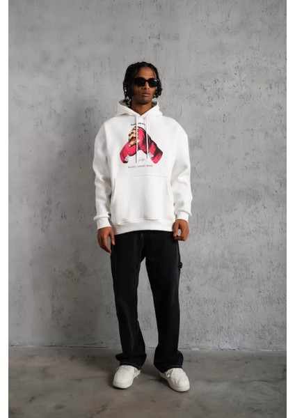 Erkek Eldiven Baskılı Kapüşonlu Sweat - Beyaz fırsatları