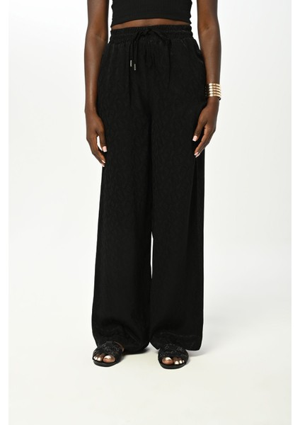 Kadın Beli Lastikli Bol Paça Siyah Desenli Pantolon