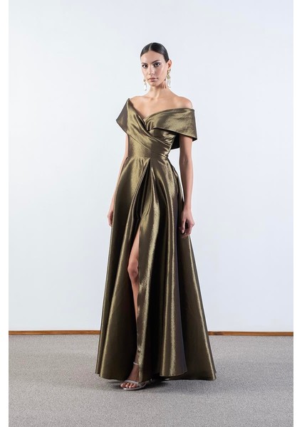 Rinetto Madonna Yaka Kloş Uzun Abiye Elbise Yağ Yeşili fiyatları