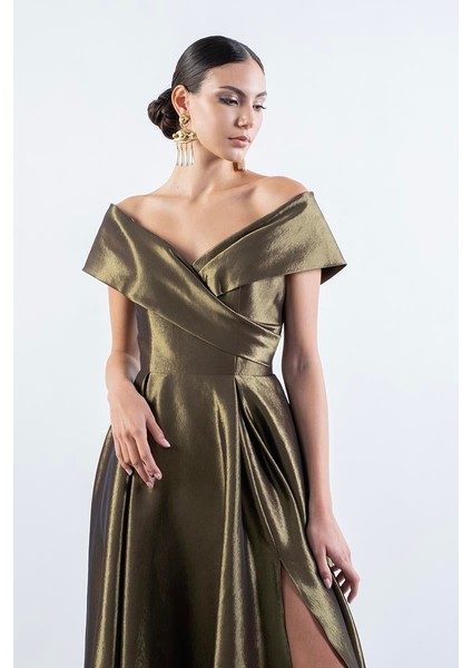 Rinetto Madonna Yaka Kloş Uzun Abiye Elbise Yağ Yeşili modelleri