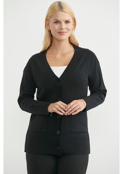 Oversize Cepli Triko Hırka - Siyah