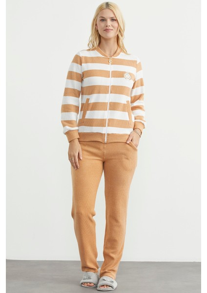 Fitilli Çizgi Kombinli Pijama Takım - Hardal