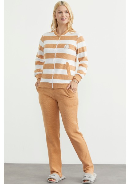 Fitilli Çizgi Kombinli Pijama Takım - Hardal fiyatları