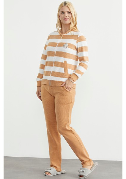 Fitilli Çizgi Kombinli Pijama Takım - Hardal fırsatları