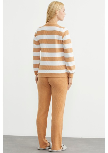 Fitilli Çizgi Kombinli Pijama Takım - Hardal indirimleri