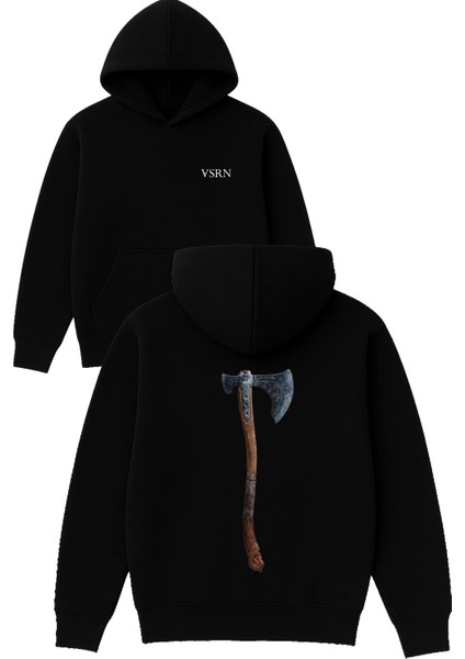 Viking Baltası Tasarım Baskılı Oversize Siyah Kapüşonlu Sweatshirt