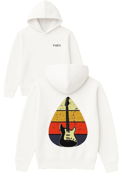 Electro Gitar Pena Tasarım Baskılı Oversize Beyaz Kapüşonlu Sweatshirt