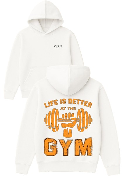 Lıfe Is Better At The Gym Tasarım Baskılı Oversize Beyaz Kapüşonlu Sweatshirt